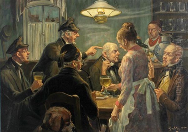 Szene Der Grundung Der Saarbrucker Weinhandlung Helmut Ludwig Pistorius Im Lokal Dampfschiff In Saarbrucken Oil Painting by Christian Woytt