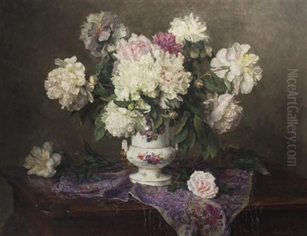 Still Life With Peonies Oil Painting by Anton Wrabetz