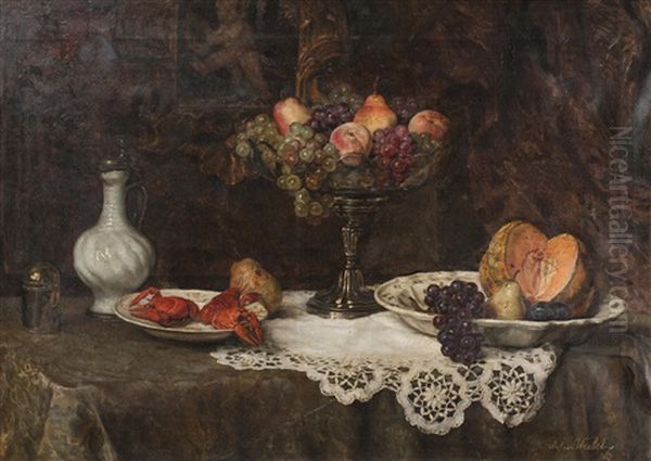 Still Life With Fruit And Lobsters Oil Painting by Anton Wrabetz