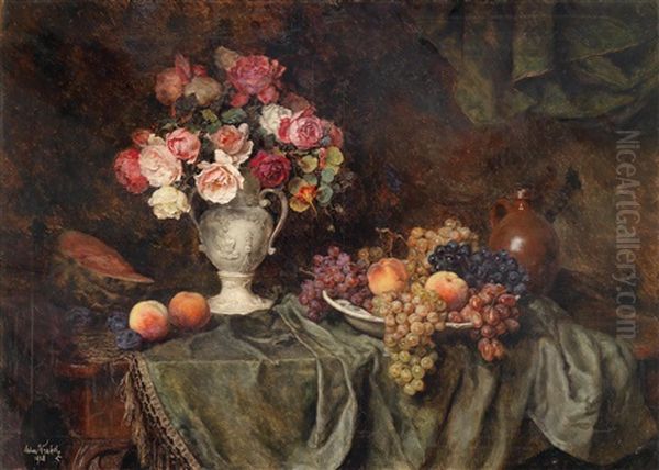 Groses Stillleben Mit Blumen Und Obst Oil Painting by Anton Wrabetz