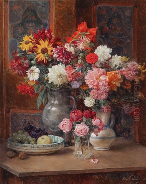 Groses Blumenstuck Mit Dahlien, Rosen Und Obstschale Oil Painting by Anton Wrabetz