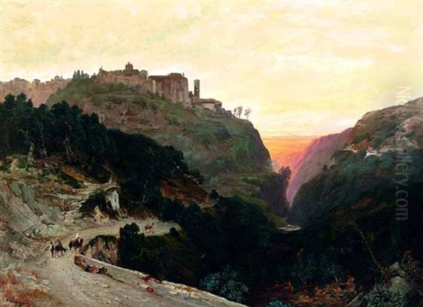 Suditalienische Landschaft Bei Sonnenuntergang Mit Esel, Personen Und Einem Bergdorf Auf Einer Anhohe Oil Painting by Joachim Hinrich (Hinnerk) Wrage