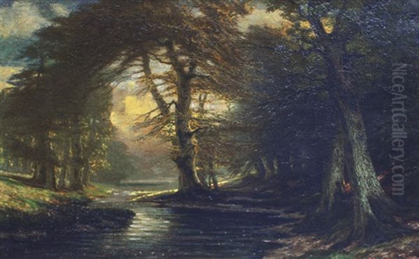 The Schwentine Near Gremsmuhlen Oil Painting by Joachim Hinrich (Hinnerk) Wrage