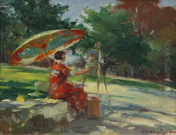 Sketch Of Della Shull Thompson, Woman In Japanese Costume Painting En Plein Air Under A Parasol Oil Painting by Charles Lewis Wrenn