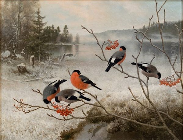 Bullfinches In Winter Landscape Oil Painting by Ferdinand von Wright