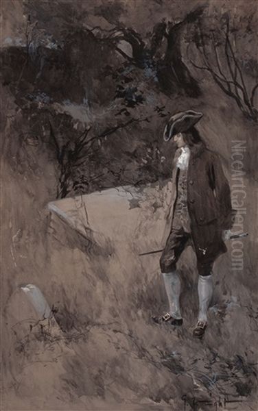 Pferdeknecht Auf Einem Rappen Mit Vor Einem Kleinen Hund Im Vordergrund Scheuenden Braunengespannpferd Oil Painting by George Hand Wright