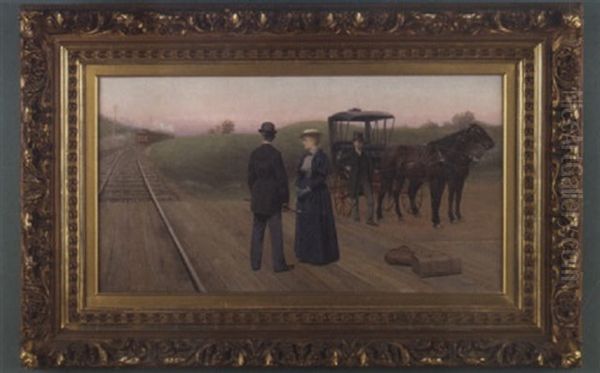 Train Station Scene With Three Figures And Horse Carriage In A Sunset Landscape Oil Painting by George W. Wright