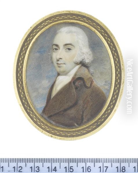 A Gentleman, Wearing Brown Coat, Pale Yellow Waistcoat, White Stock And Cravat, His Powdered Wig Tied With Grey Ribbon Oil Painting by John Wright