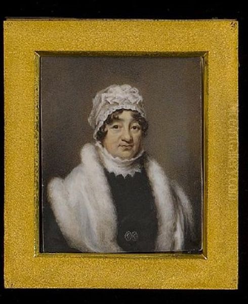 A Lady, Wearing Black Dress With Jewelled Belt Buckle, White Fur Shawl And Lace Cap Oil Painting by John Wright