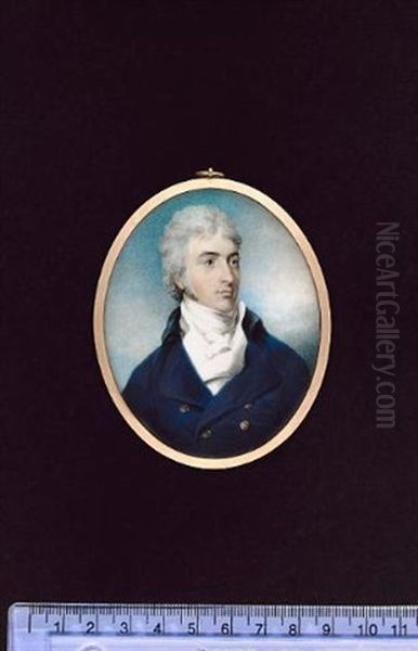 A Gentleman Wearing Blue Coat, White Waistcoat And Cravat, His Hair Powdered Oil Painting by John Wright