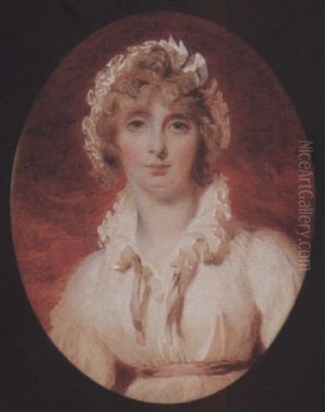 A Lady Wearing Cream Dress With Pink Ribbon Waistband And Open Frilled Collar With Matching Ribbons, A White Indoor Bonnet Over Her Light Brown Hair Oil Painting by John Wright