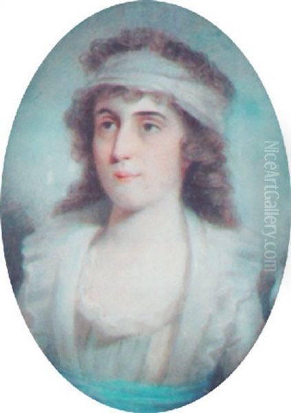 A Young Lady With Long Flowing Brown Hair, Wearing A White Dress With Frilled Collar And A Blue Ribbon Waistband Oil Painting by John Wright