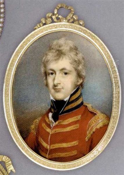 An Officer, In Red Coat, Blue Collar With Gold Stripes, Gold Epaulettes, Frilled Cravat And Black Stock Oil Painting by John Wright