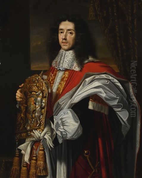 Portrait Of Heneage Finch, 1st Earl Of Nottingham, Lord Chancellor, In Peer's Robes With The Purse Of The Privy Seal Oil Painting by John Michael Wright