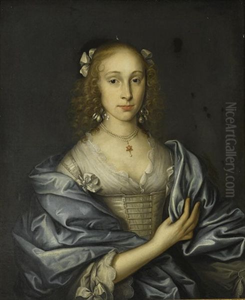 A Portrait Of A Lady, Half-length, In A White Dress And Blue Wrap Wearing A Pearl Necklace With A Six Pointed Star Pendant Oil Painting by John Michael Wright