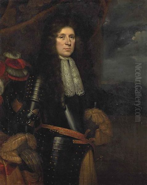 Portrait Of An Officer, Three-quarter-length, In Armour, Beside A Draped Table With A Red-and-white Plumed Helmet, A Landscape Beyond Oil Painting by John Michael Wright