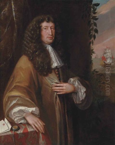 Portrait Of A Gentleman, Traditionally Identified As John Shute Barrington, 1st Viscount Barrington (1678-1734), Three-quarter-length, In A Tan Coat Oil Painting by John Michael Wright