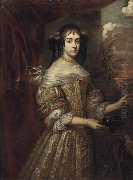 Portrait Of A Lady, Three-quarter-length, In An Embroidered White And Yellow Dress And A Pearl Necklace, With Branches In Her Right Hand Oil Painting by John Michael Wright