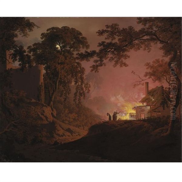 A Cottage On Fire: A Moonlit Landscape With Figures By A Burning Cottage And The Ruins Of A Castle Beyond Oil Painting by Joseph Wright