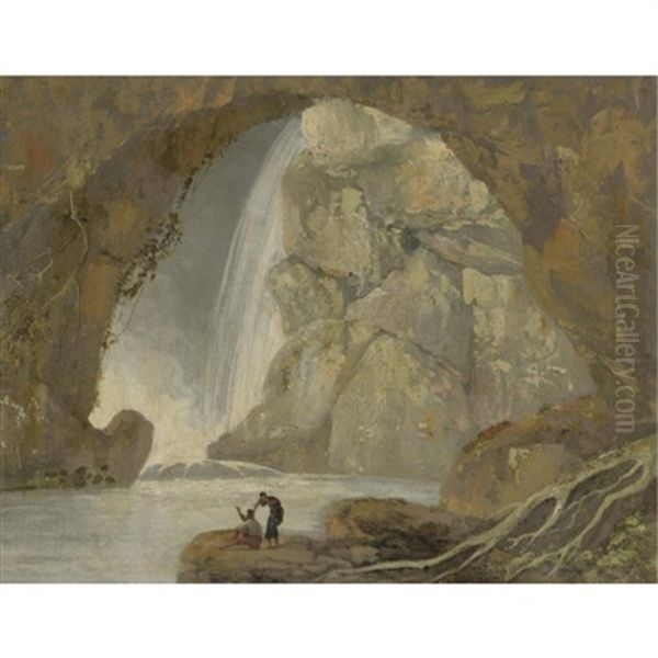 A Grotto With A Waterfall Oil Painting by Joseph Wright