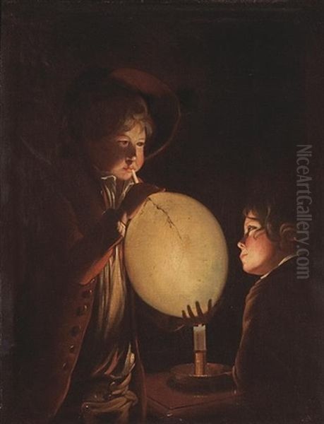 Two Boys By Candlelight, Blowing A Bladder Oil Painting by Joseph Wright