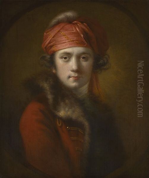 Portrait Of The Artist, Wearing A Red Fur-collared Coat And Turban by Joseph Wright (of Derby)