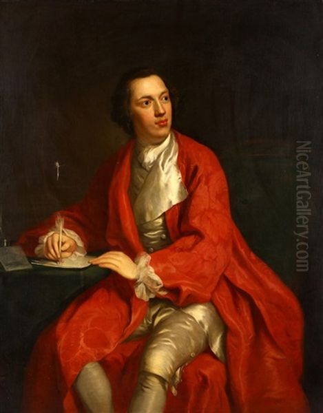 Portrait Of A Gentleman, In A Red Cloak, Writing At A Table Oil Painting by Joseph Wright (of Derby)