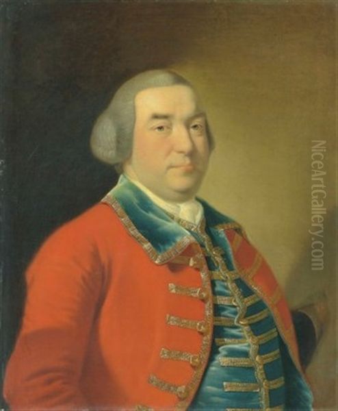 Portrait Of Captain William Kirke (1715-1773), Bust-length, In A Red Military Coat And Blue Waistcoat With Gold Embroidery Oil Painting by Joseph Wright (of Derby)