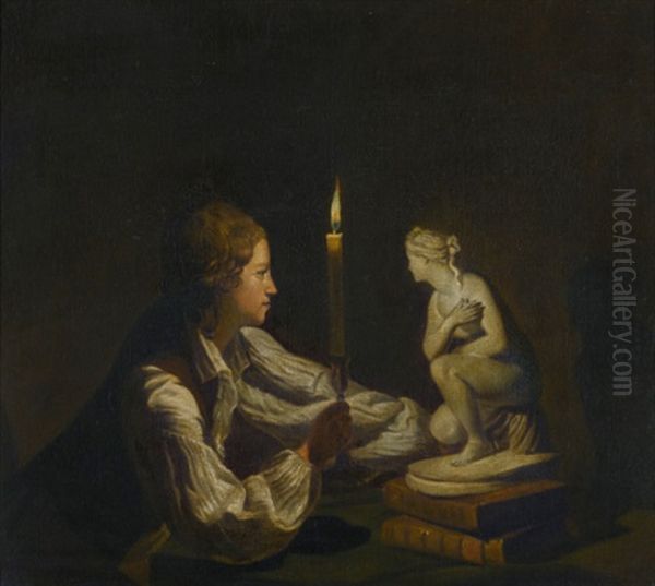 A Young Artist Holding A Lighted Candle, Inspecting A Model Of A Crouching Venus Oil Painting by Joseph Wright (of Derby)