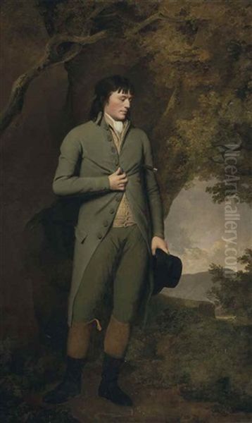 Portrait Of Thomas Oldknow (c.1755/6-1791) Of Marple, Full-length, In A Green Suit And Breeches, In A Landscape by Joseph Wright (of Derby)