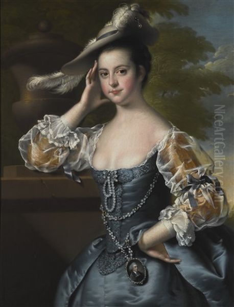 A Portrait Of Susannah Hope (1744-1807), A Portrait Miniature Of Her Husband Reverend Charles Hope Of Derby At Her Waist Oil Painting by Joseph Wright (of Derby)