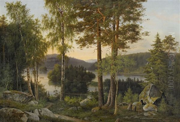 Sommarlandskap Med Insjo Oil Painting by Magnus Von Wright