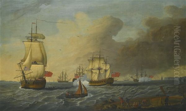 British Men O' War In An Estuary Oil Painting by Richard (of Liverpool) Wright