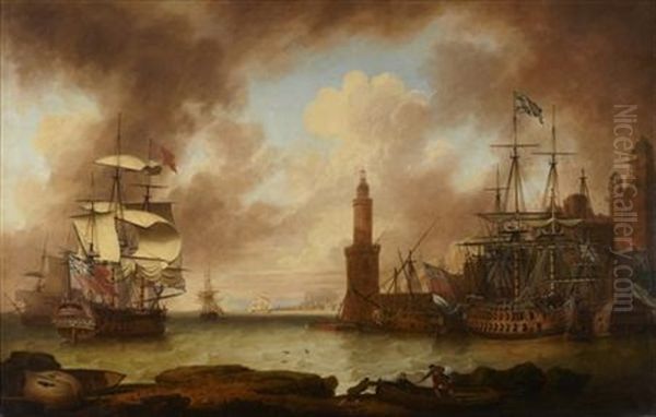 A Squadron Of British War Ships In A Mediterranean Port With Captured French Vessell by Richard (of Liverpool) Wright