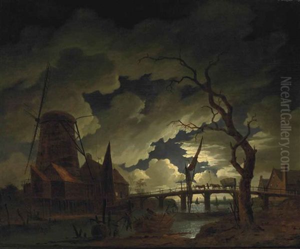 A Moonlit River Landscape With A Windmill, Boats And Figures Oil Painting by Richard (of Liverpool) Wright