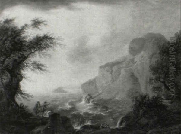 Landscape With A Ship Foundering And Breaking On The Rocks  By The Shore by Richard (of Liverpool) Wright