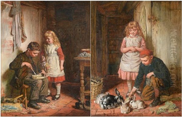 A Young Boy Carving A Model Boat With A Girl Looking On 
Two Young Children Feeding Rabbits In A Cottage Interior Oil Painting by Robert W. Wright