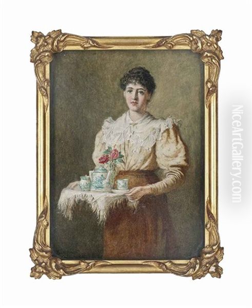 Tea Time And Lady With Narcissus In A Vase (pair) Oil Painting by Robert W. Wright