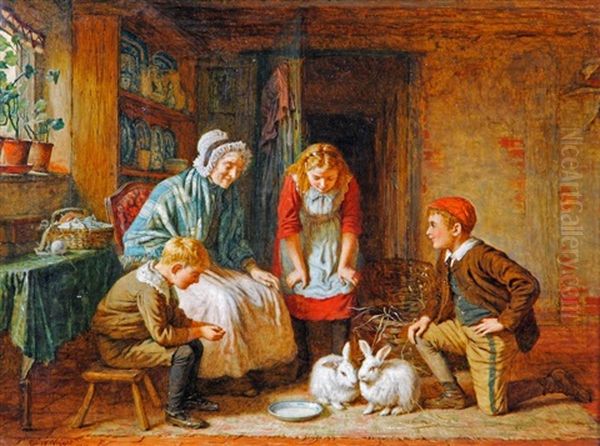 Feeding The Rabbits And The Chess Game (a Pair) Oil Painting by Robert W. Wright