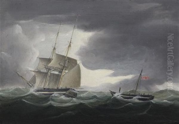 Sailing Ship Taking A Stricken Ship Under Tow Oil Painting by Thomas Wright