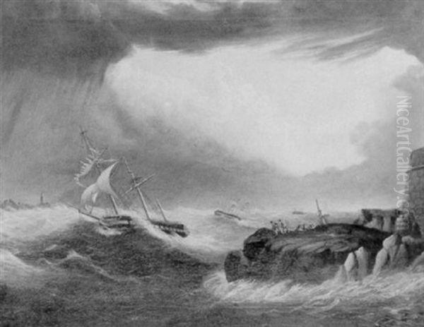 Shipping In Distress In A Storm Off A Rocky Coast With Survivors Coming Ashore From A Wreck Oil Painting by Thomas Wright