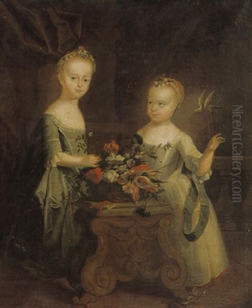 Portrait Of The Crane Sisters In An Interior Wearing Silk Dresses, Playing With A Pet Bird Oil Painting by Thomas Wright