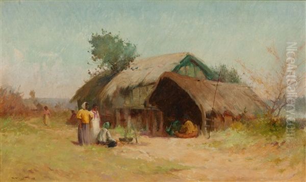 Figures Before A Whare Oil Painting by Walter Wright