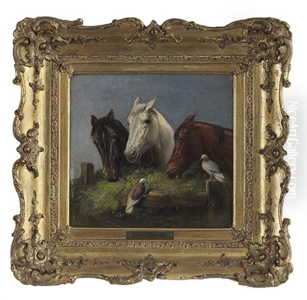 Three Horses Grazing With Birds Oil Painting by George Wright