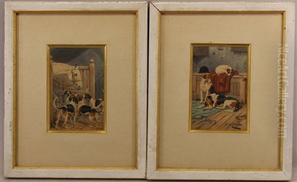 Framed Watercolors Of Hounds In An Interior Setting Oil Painting by George Wright