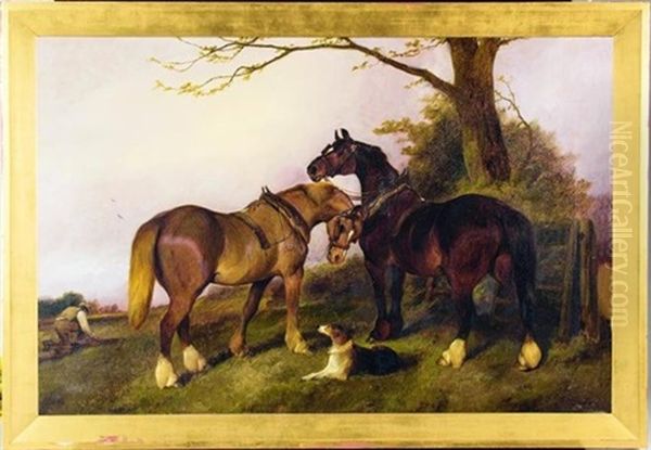 Plough Team And A Dog In A Landscape Oil Painting by George Wright