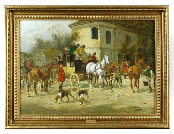 Hounds Meeting Outside A Coaching Inn, With The Manchester To London Coach Changing Horses Outside Oil Painting by George Wright