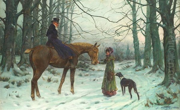 A Chance Encounter, Going Away; A Pair Each Oil Painting by George Wright