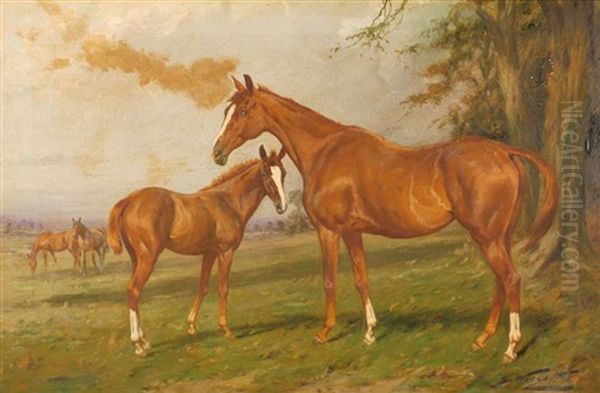 Horses In A Landscape Oil Painting by George Wright