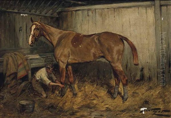 A Chestnut Horse In A Stable Oil Painting by George Wright